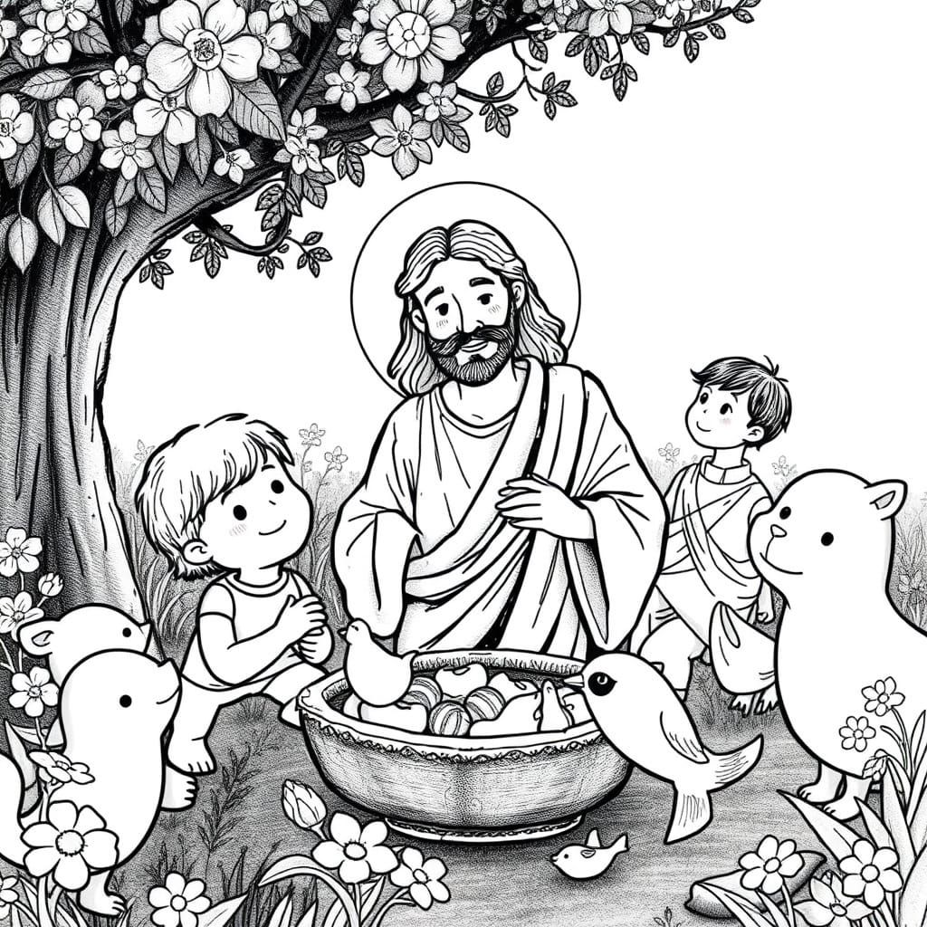 Jesus in a Joyful Biblical Scene with Children and Animals