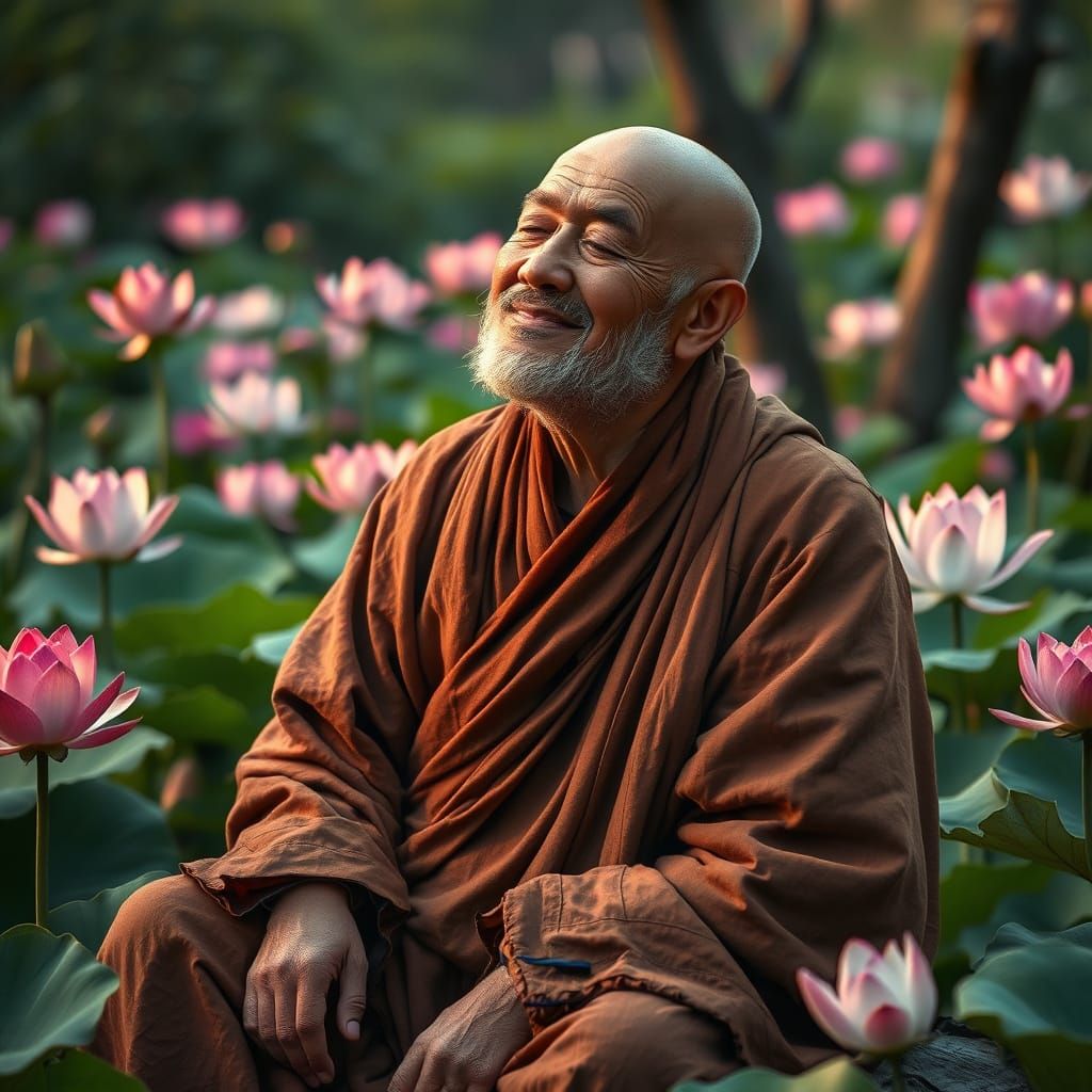 Serene Old Monk in Lotus Garden, Classical Portrait
