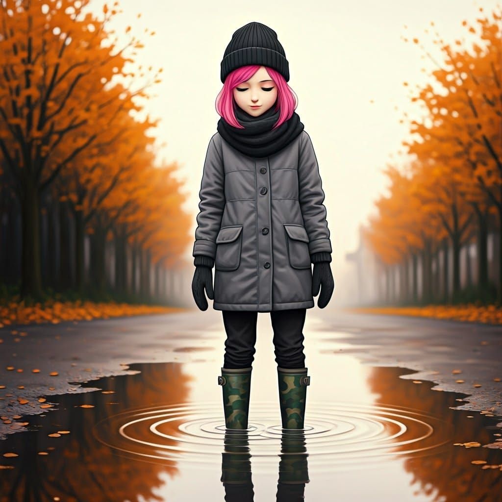 Girl Looks Down at Autumn Reflection in Puddle