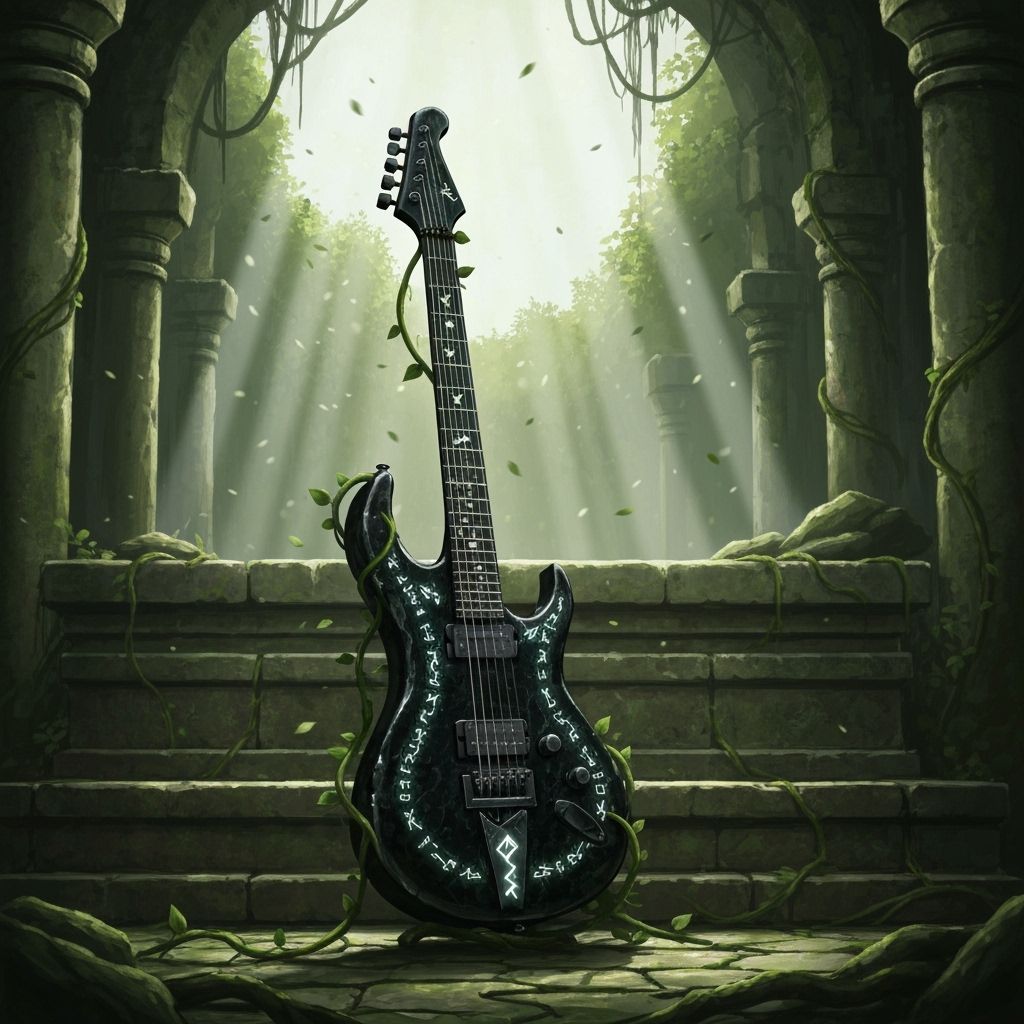 Obsidian Guitar in Forgotten Temple: Dark Fantasy Art