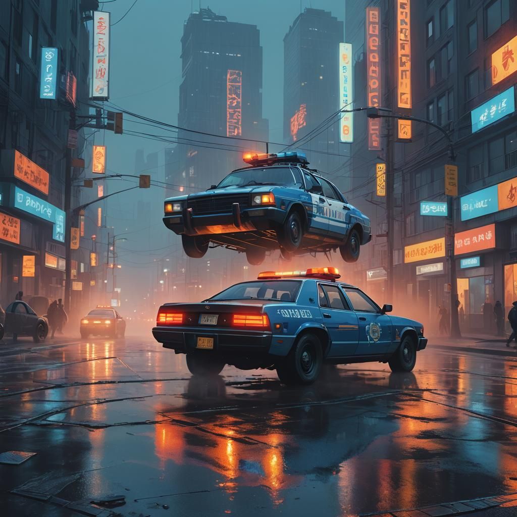 Cyberpunk Police Car Speeding Through Misty Cityscape