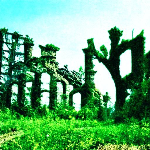 a landscape of ruins overtaken by nature