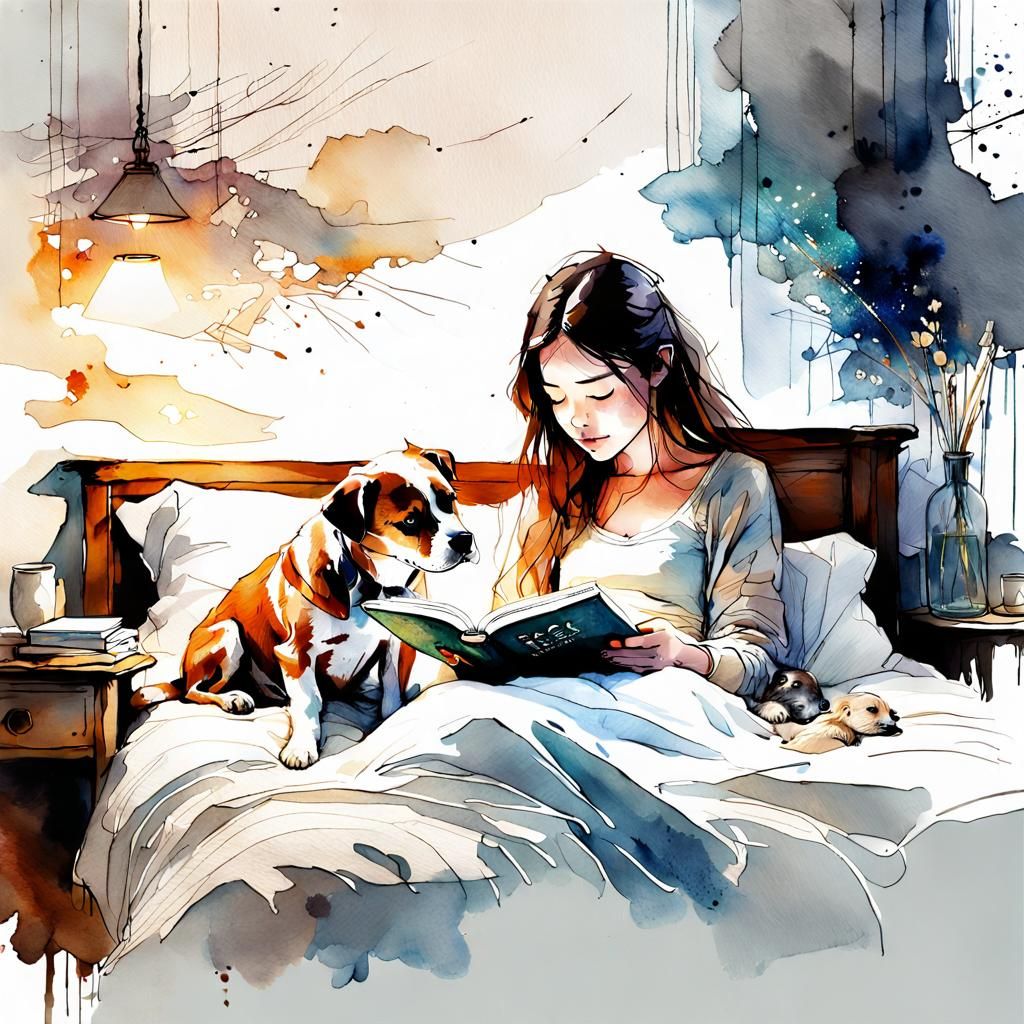 Girl Reading to Dog: Watercolor Illustration