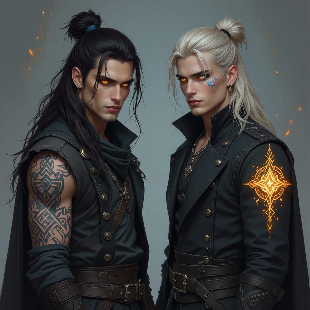 Mystical Brothers with Runic Tattoos in Fantasy Realism