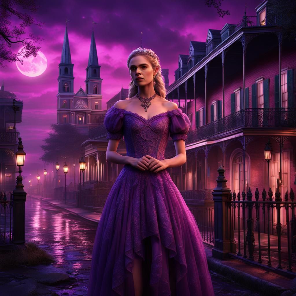 Woman in Purple Dress in New Orleans, Detailed Digital Art