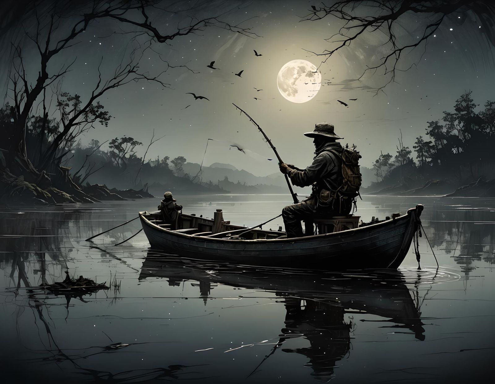 Silhouette Fisherman on Dark Lake, Ornate Digital Art