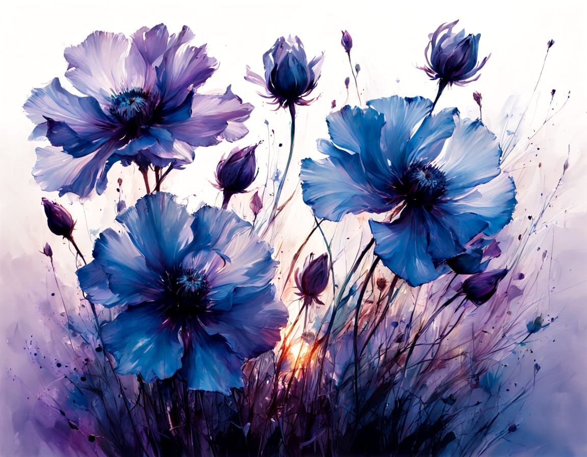 Blue Translucent Flowers in Soft Purple Light