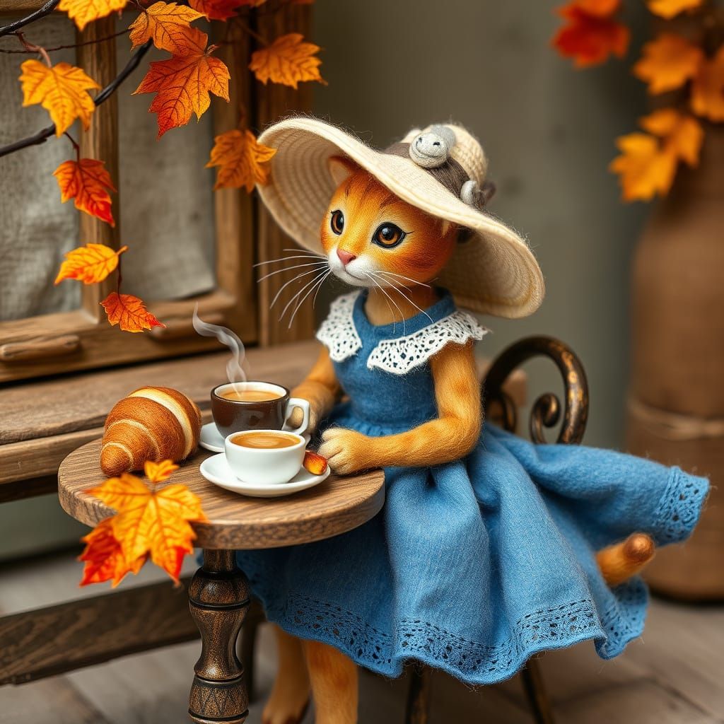 Felted Cat at Cafe in Beatrix Potter Style