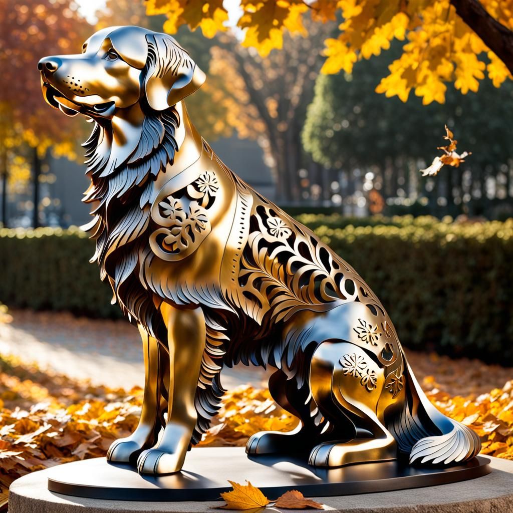 A metal sculpture of a golden retriever
