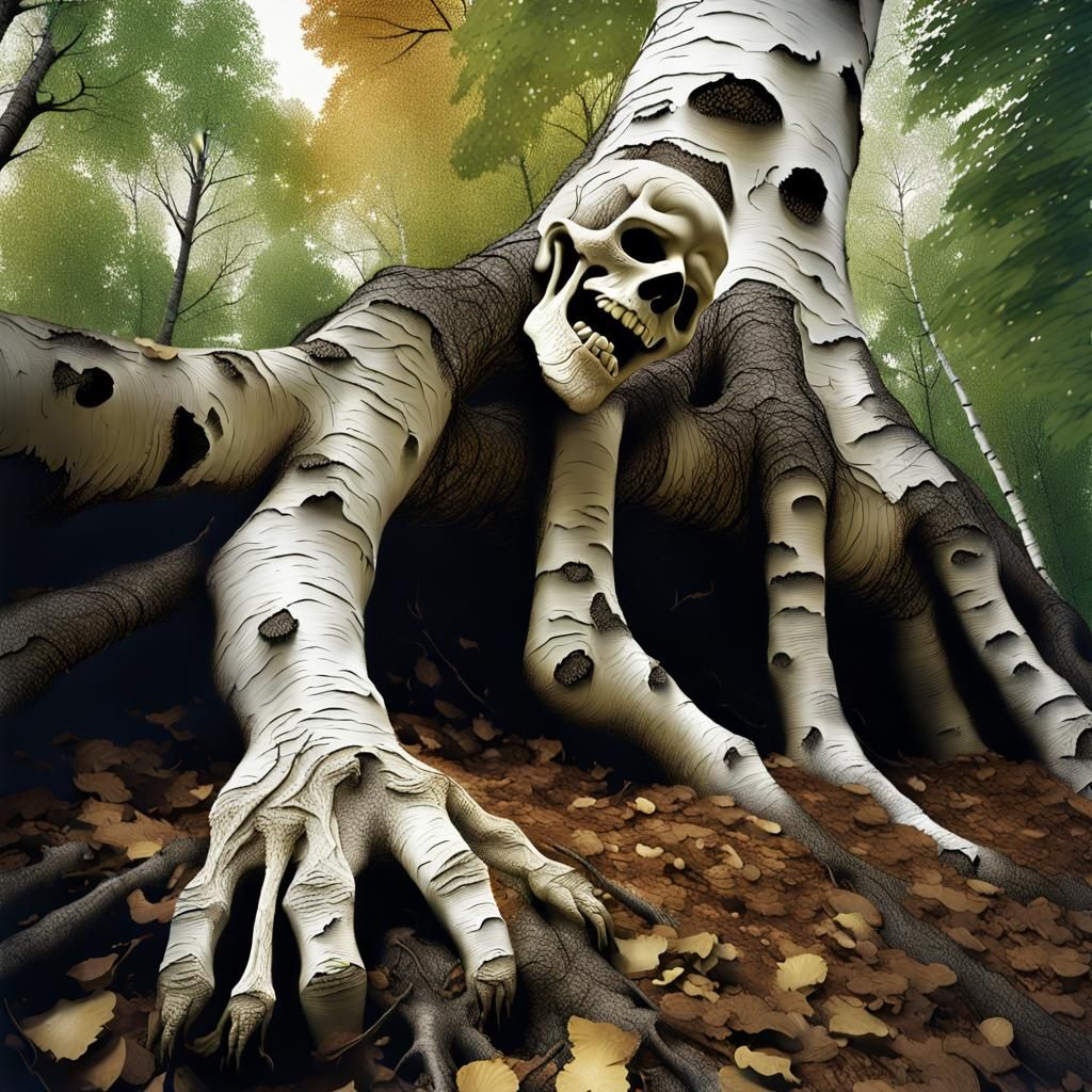 Creepy Humanoid Digging at Birch Tree Roots