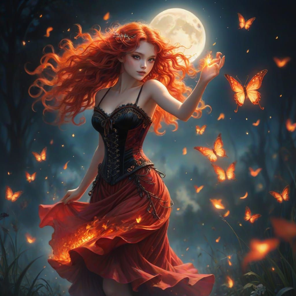 Fiery Fairy Dances in Moonlit Garden, Anime Realism