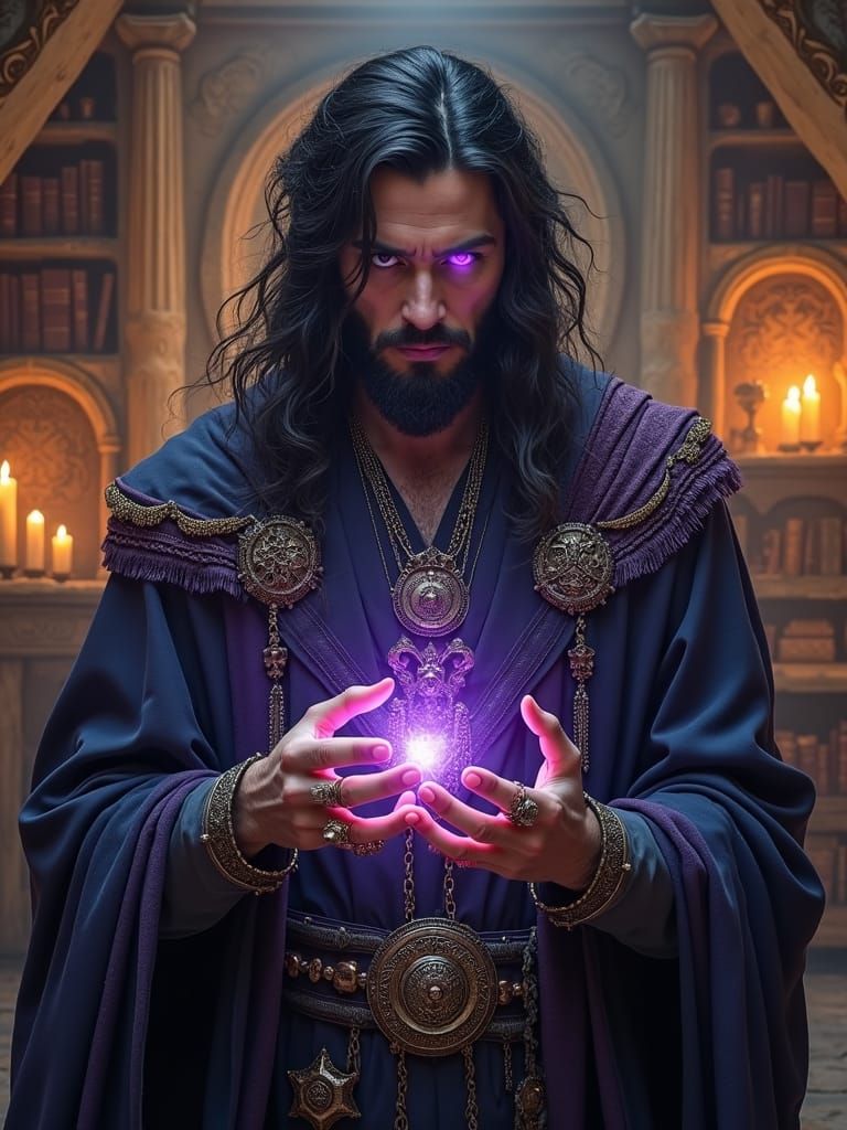 Sorcerer Weaving Dark Magic in Ancient Sanctum
