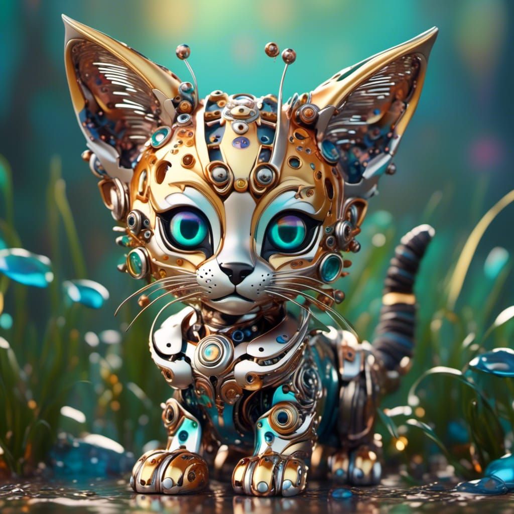 Adorable Robot Serval Kitten with Oil Slick Chrome