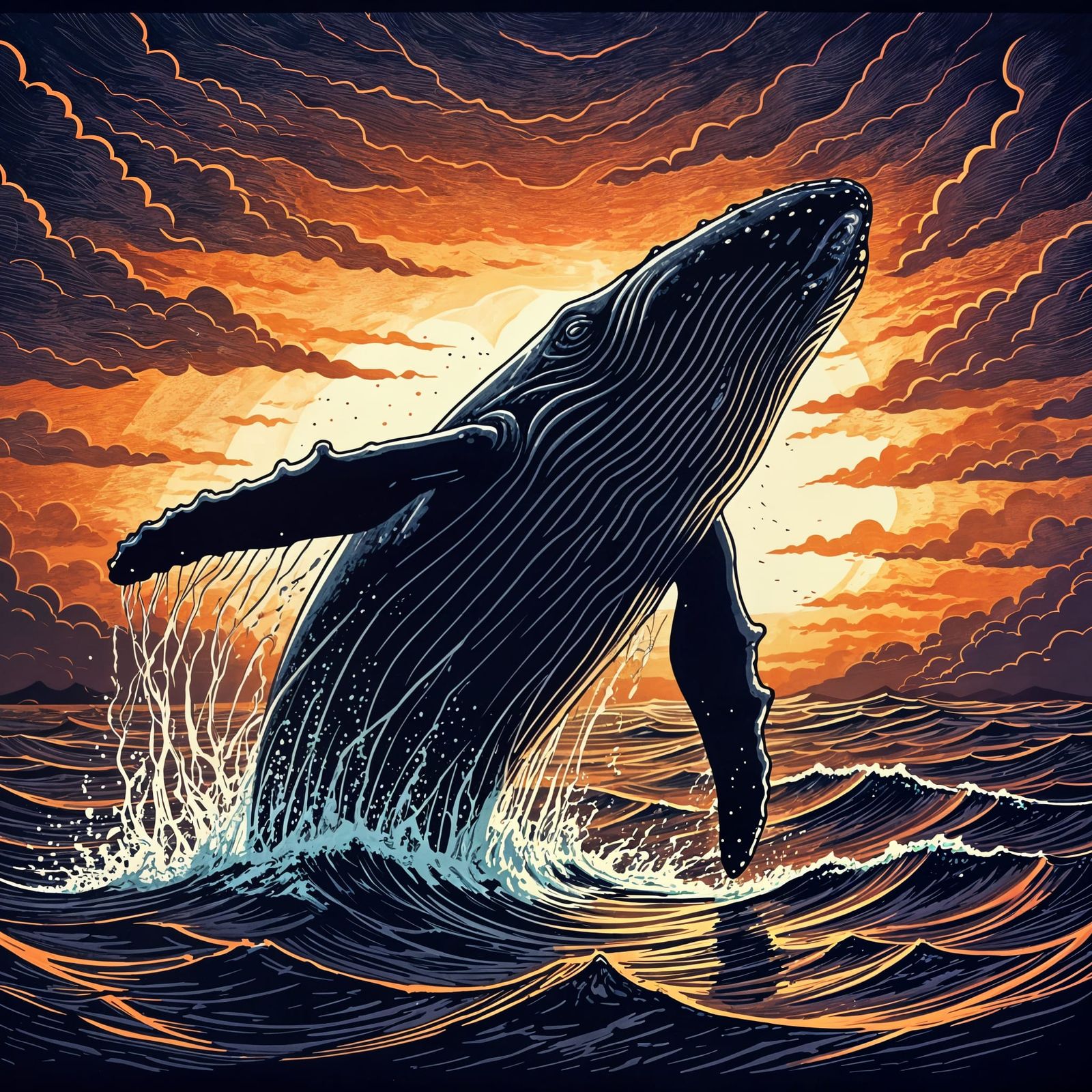 Majestic Whale Silhouetted Against a Dramatic Sunset Sky in ...