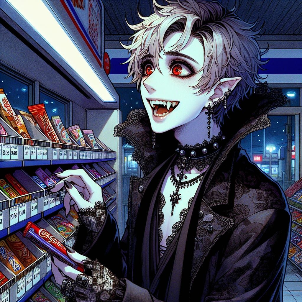 Gothic Vampire Indulges in Whimsical Candy Shopping