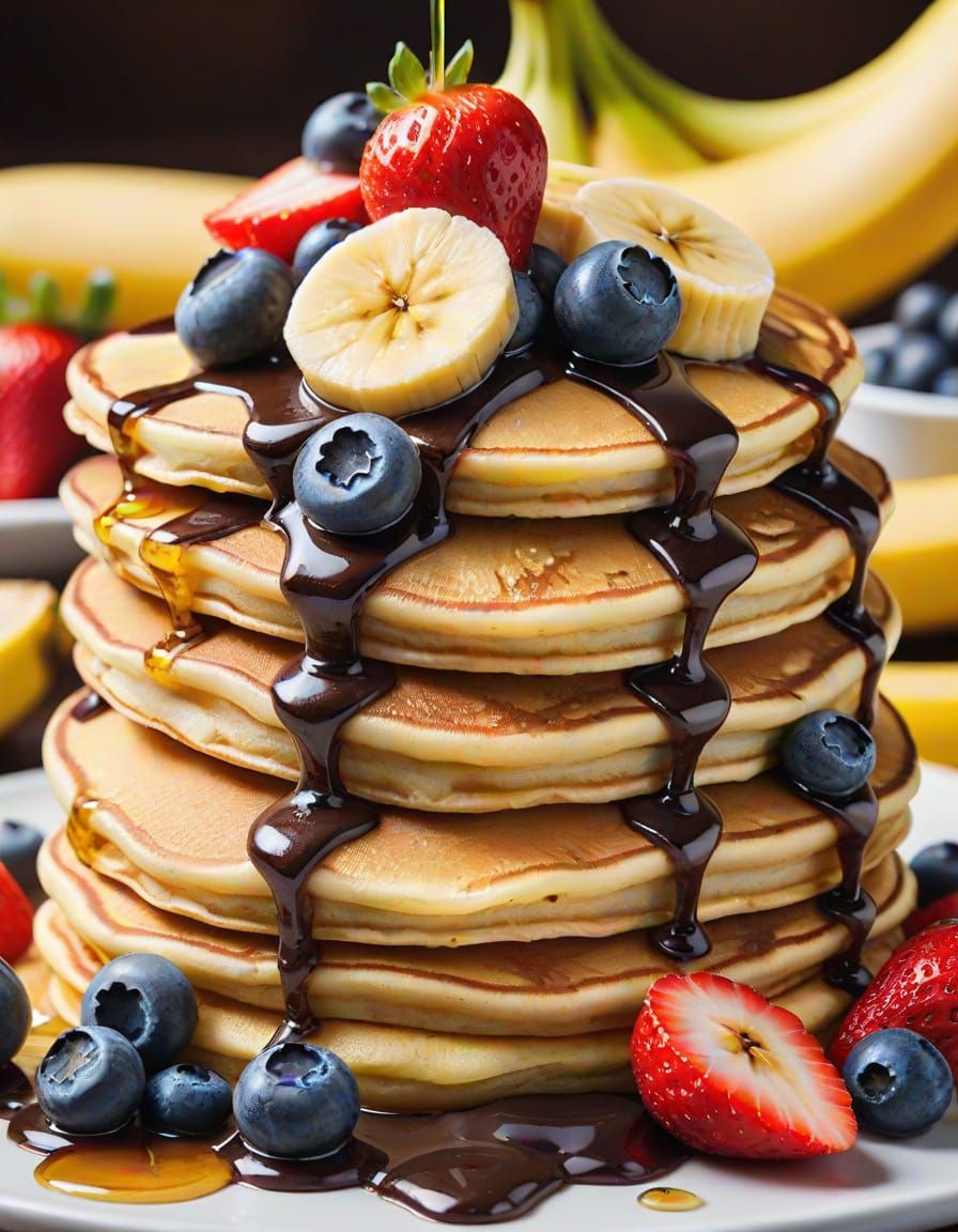 Mouthwatering Pancakes with Fruit Toppings: Hyperreal Close-...