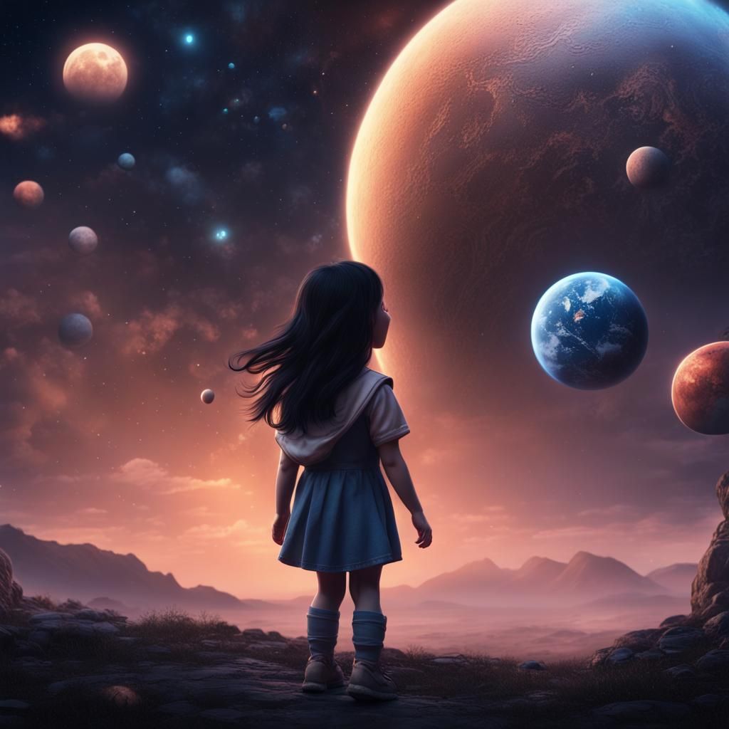 Little Girl Watches Planets in Colorful Sky