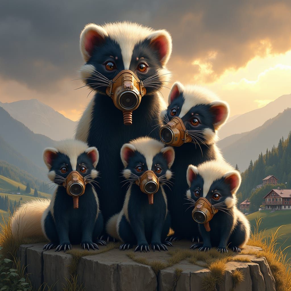 Skunk Family Portrait in Gas Masks: Hyperrealistic Splash Ar...