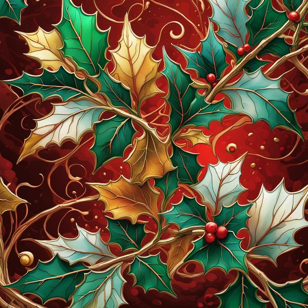 Holly Flower Line Drawing with Gold Accents