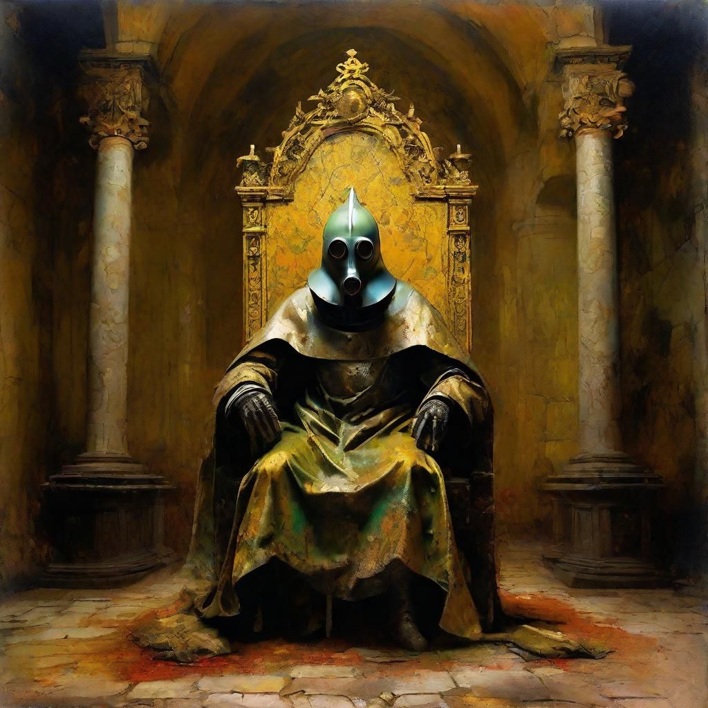 Plague Doctor on Throne in Ruined Cathedral