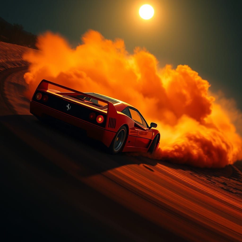 Midnight Ferrari F40 Speeds Down Desert Road in Golden Light