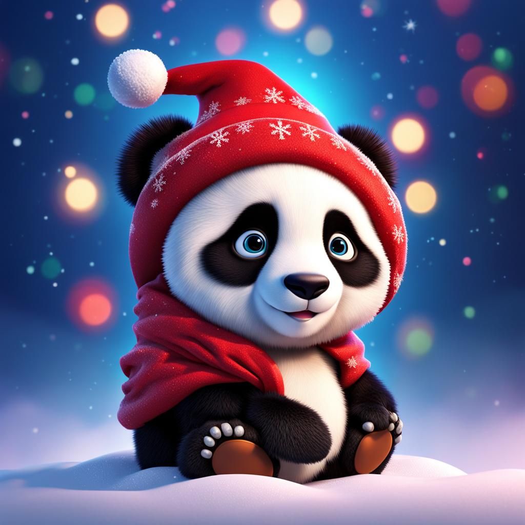 Christmas Panda in Snow: Pixar-Style 3D Render