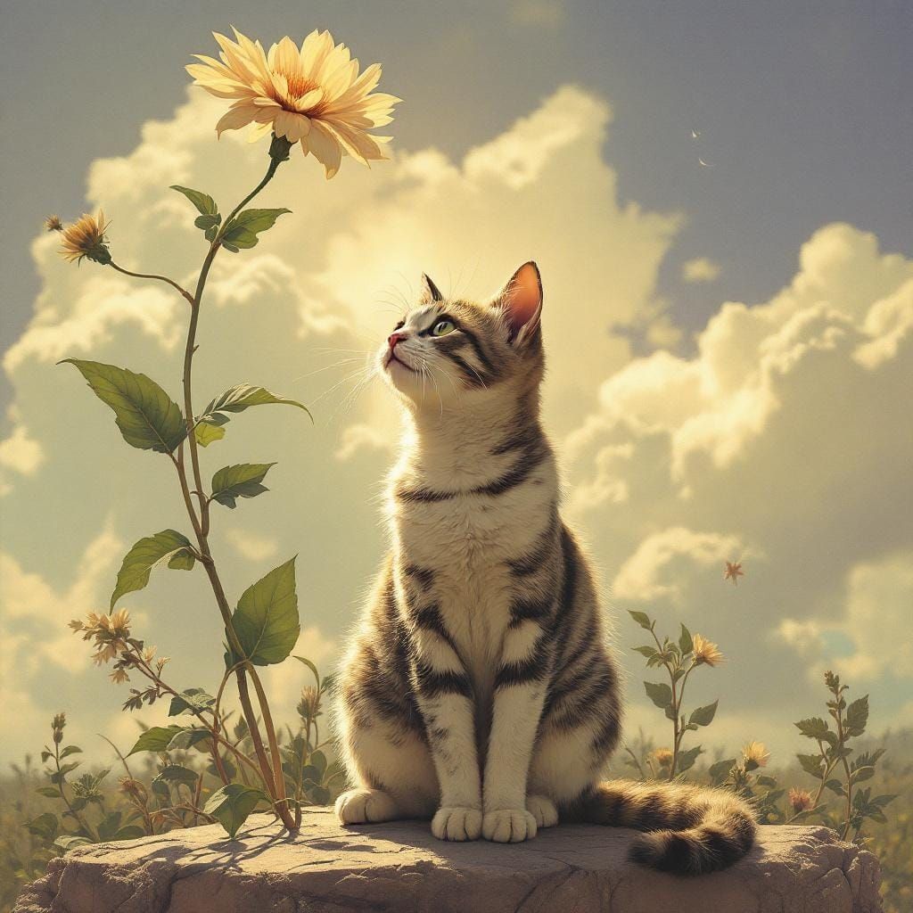Cat Under Flower in Solar Punk Pin-Up Style