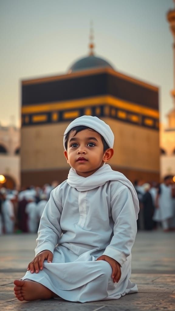 Peaceful Muslim Boy at Kaaba in Golden Light