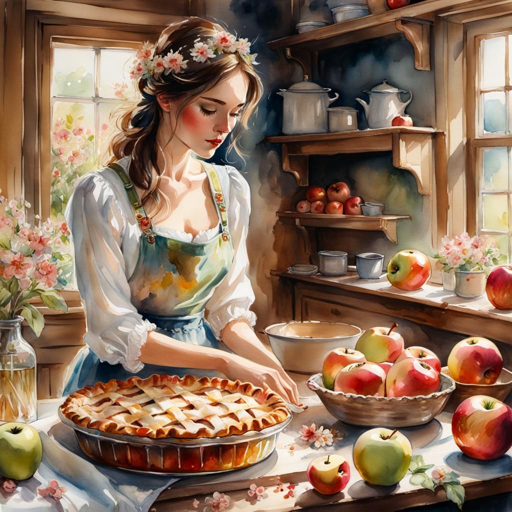 Woman Baking Apple Pie: Cottagecore Watercolor Art