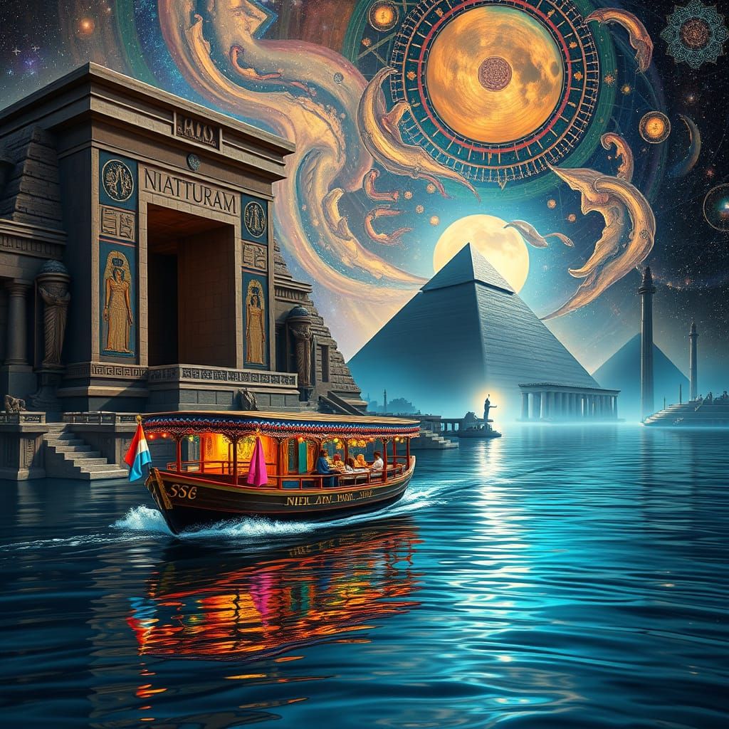 Houseboat on Nile River in Astral Cosmic Illustration
