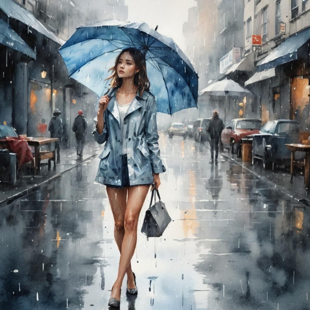 Rainy Cityscape in Watercolor Style
