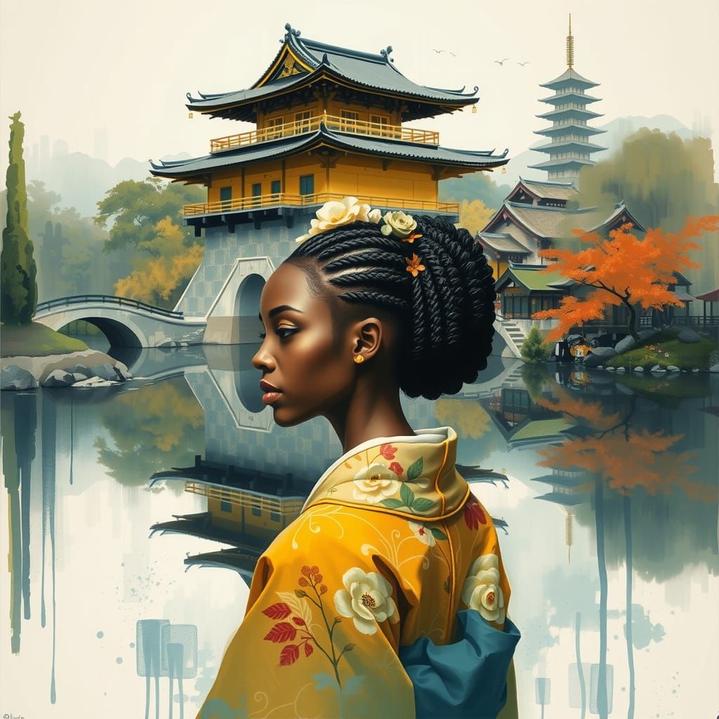 Woman in Yellow Kimono Amidst Autumn Japanese Landscape