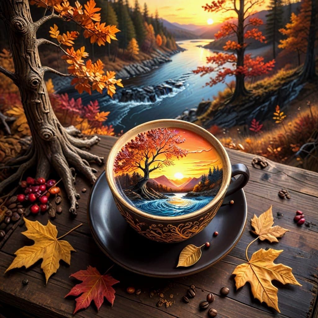 Surreal Oil Painting of Golden Coffee Cup with Autumnal Land...