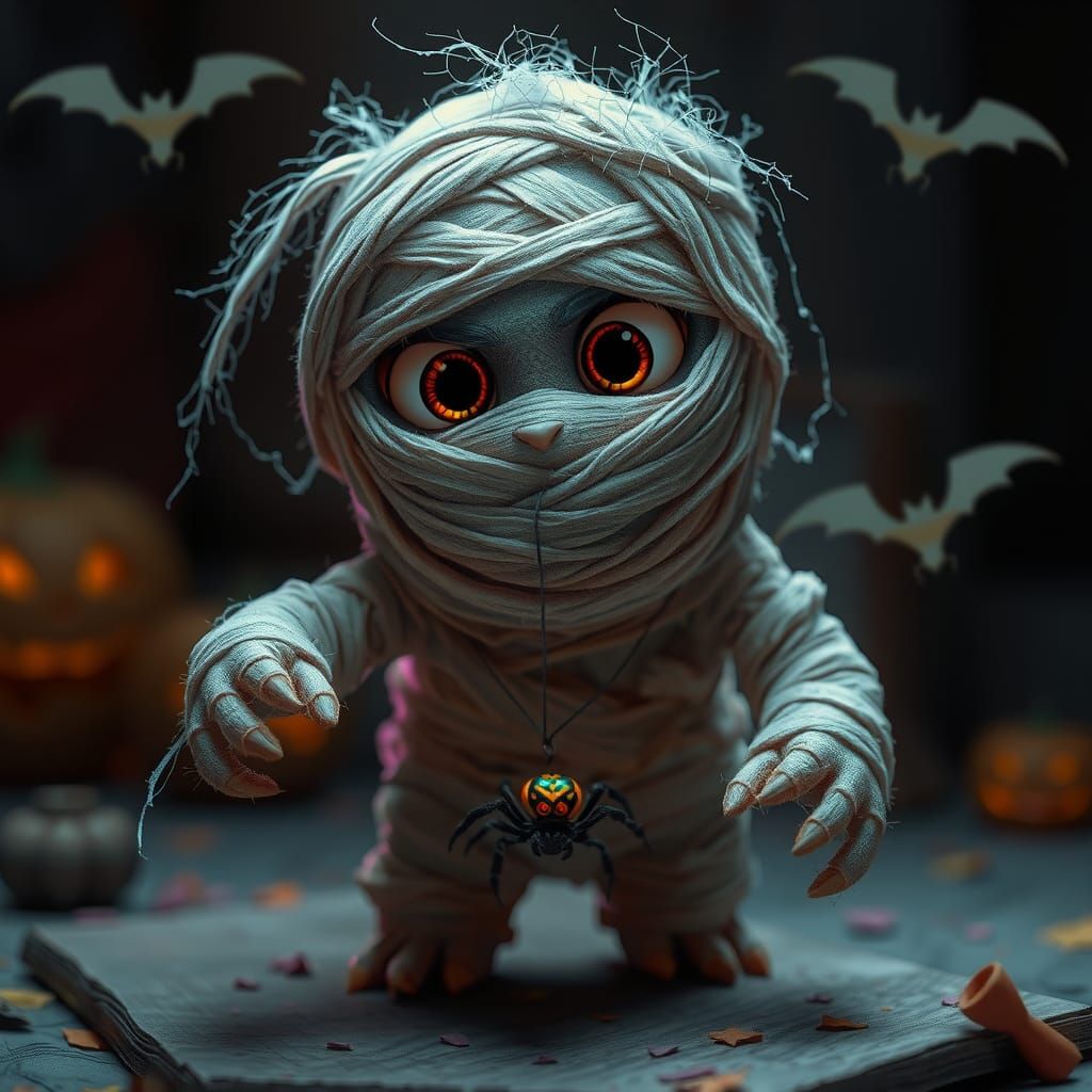 Whimsical Furry Mummy with Halloween Lanterns