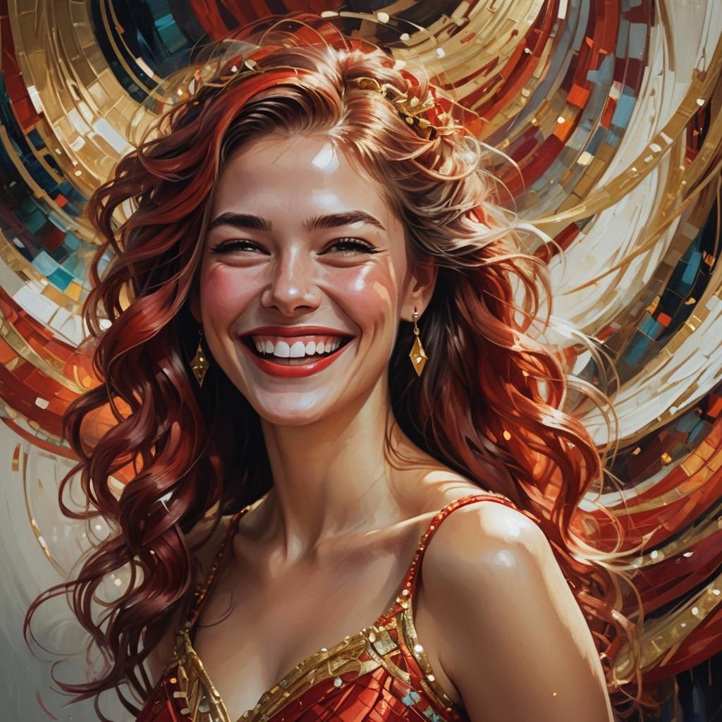 Laughing Girl in Red Dress: Vibrant Oil Painting