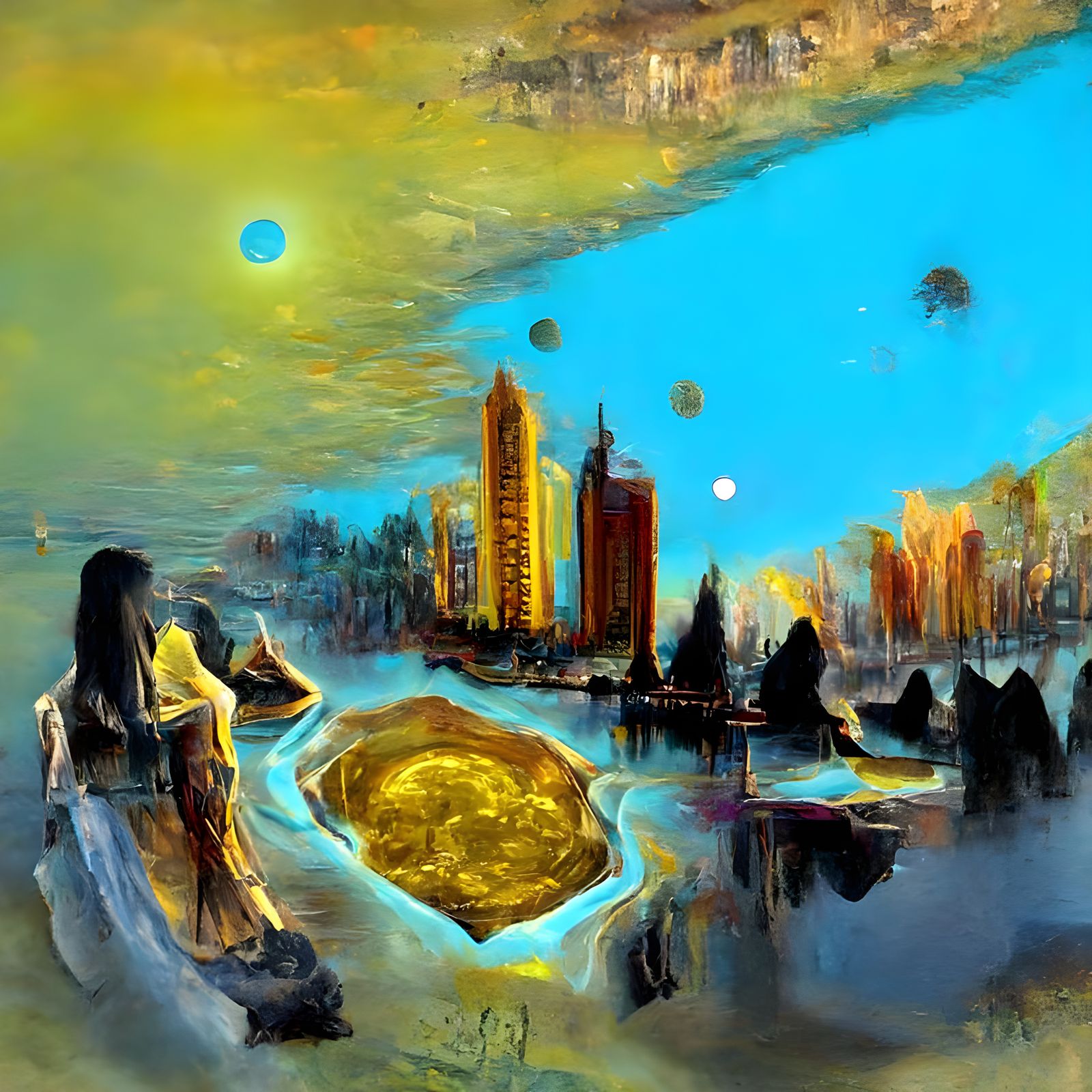 Desert City at Sunset in Holographic Style