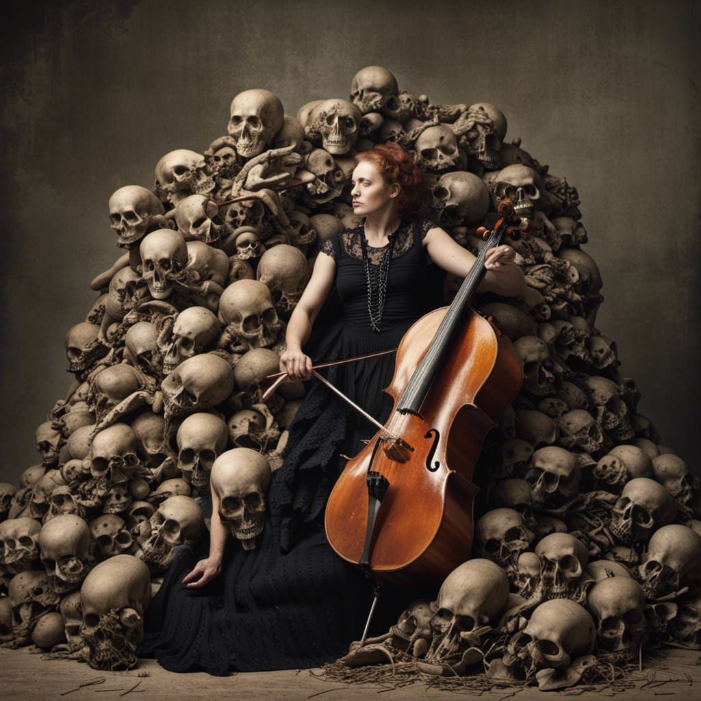 Gothic Cellist on Skulls Photo