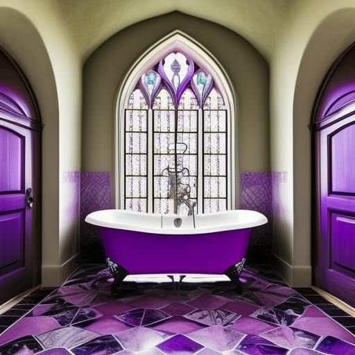 Ethereal vibrant purple Gothic bathroom with everything a bathroom needs& Beautiful purple tile floor& lots of vibrant l...