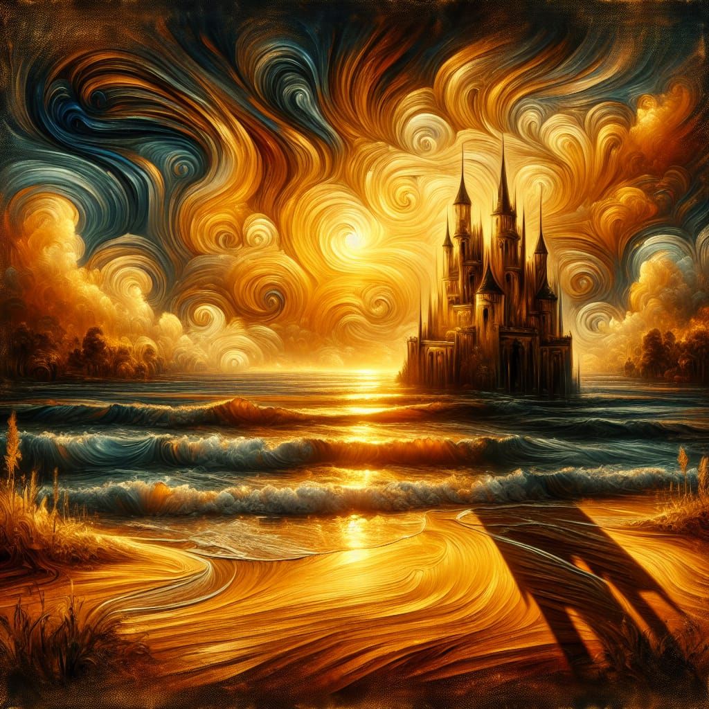 Sandcastle Sunset in Post-Impressionist Style