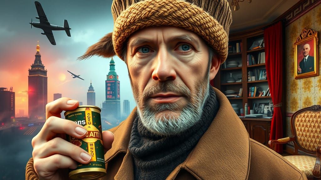 Man in Ushanka Hat, Cyberpunk Cityscape, and Soviet Apartmen...