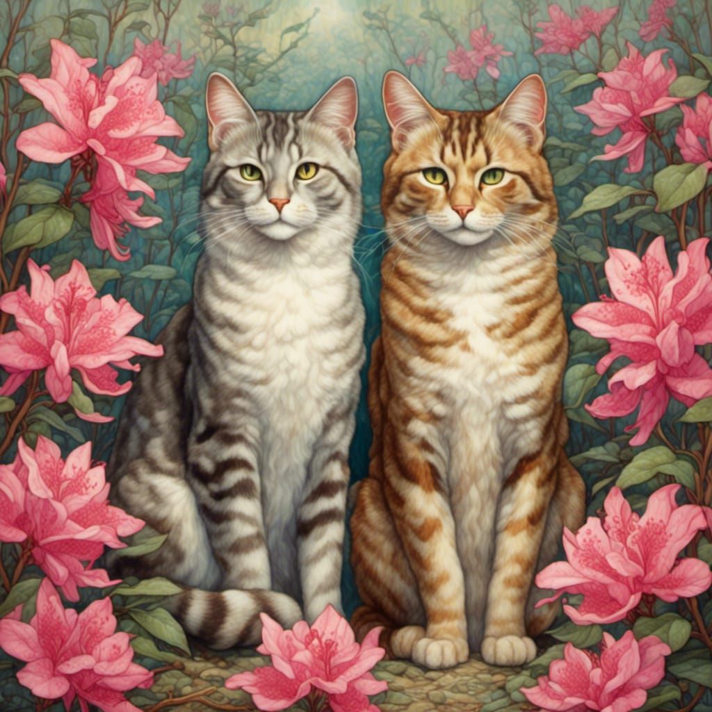 Grey Tabby Cats with Rhododendrons in Watercolor Style