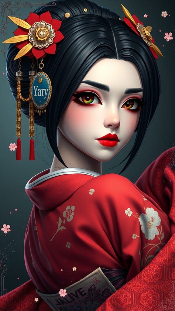 Ethereal Geisha Goddess in Triadic Hues and Volumetric Light