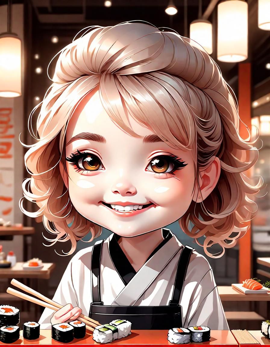 Smiling Chibi Girl with Sushi in Whimsical Cartoon Art