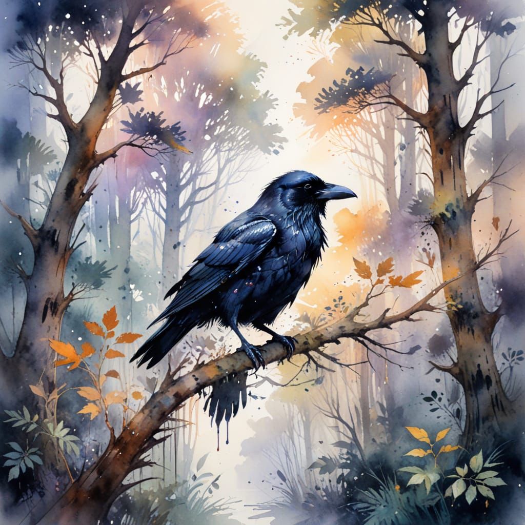 Mysterious Raven Amidst Ancient Forest at Dusk