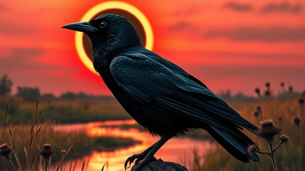 Surreal Gingham Crow Under Black Sun Eclipse
