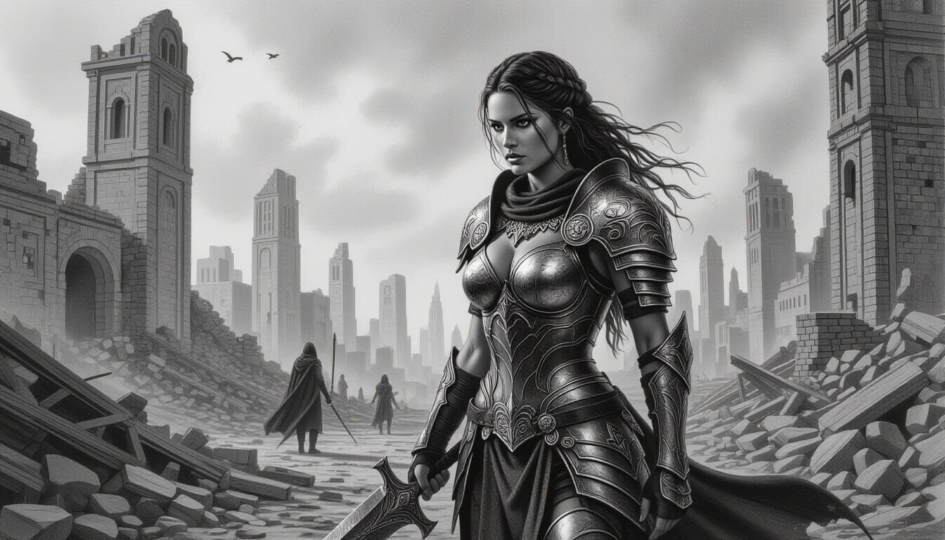 Warrior Searches Ruined City, Dropping Armor