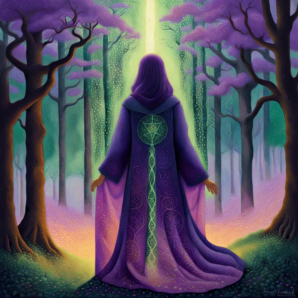 Robed Woman in Dreamlike Forest: Pointillism Style