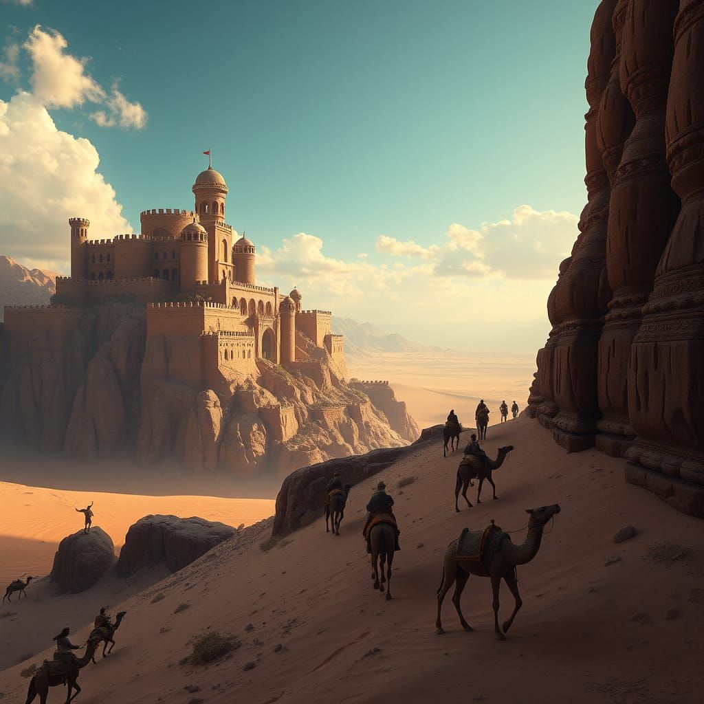 Surreal Desert Castle Scene in Vibrant Colors