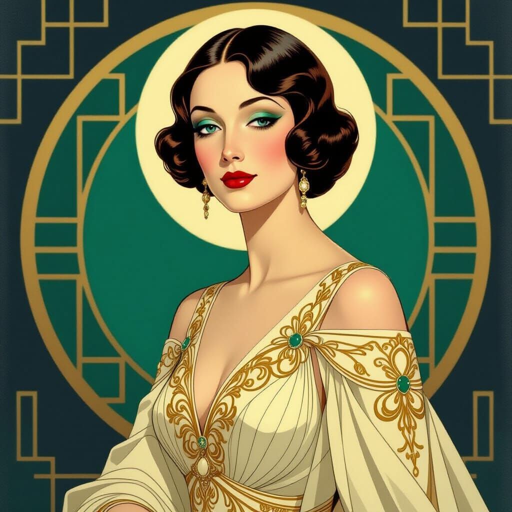 Art Deco Woman Portrait in Ivory and Gold