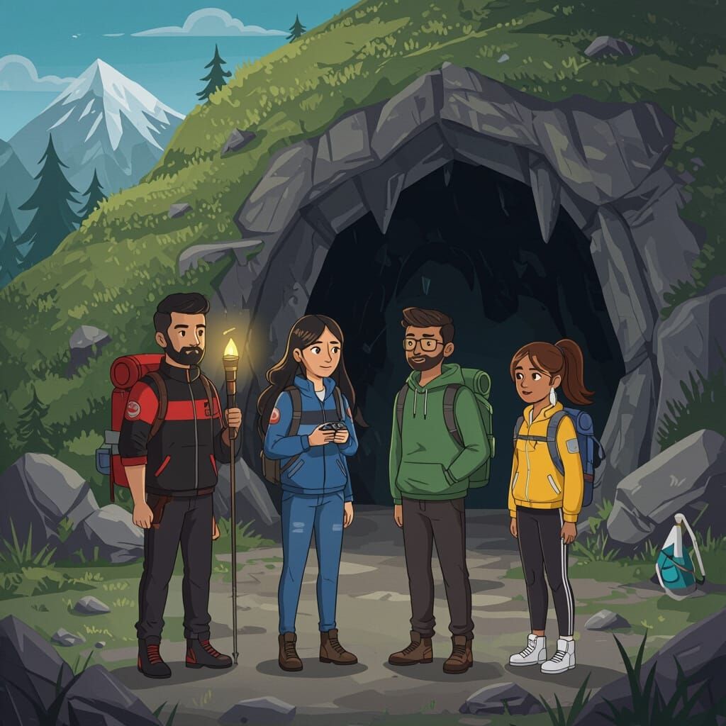 Trekkers Enter Ominous Cave in 3D Anime Style